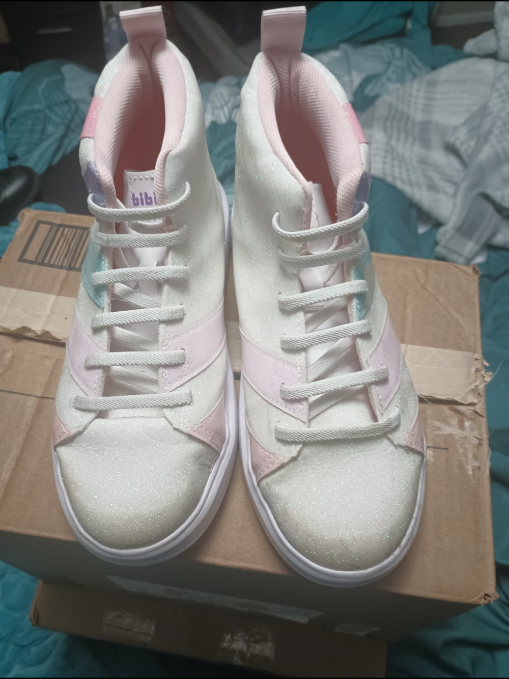 Girls' Glitter High Top Sneakers in White & Pastel Pink